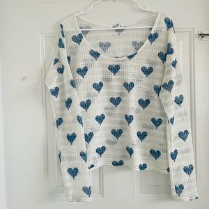 Aeropostale  Women’s White  Sweater/ Shirt Blue Heart Print Long Sleeve L